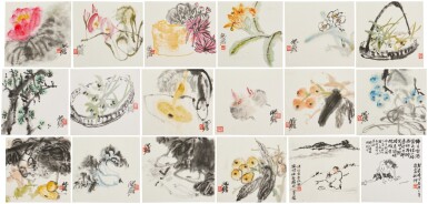 View full screen - View 1 of Lot 70. Zhu Qizhan, Fruits and Flowers and Figures, ink and color on paper, album of eighteen leaves.
