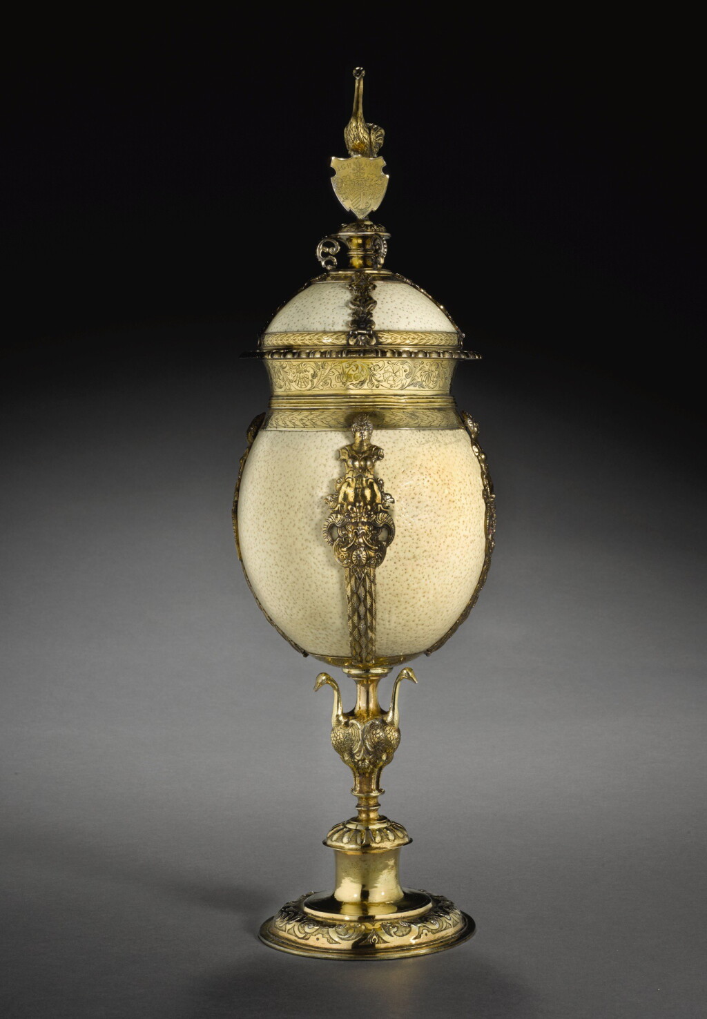 View full screen - View 1 of Lot 3. A German silver-gilt mounted ostrich egg cup and cover, Andreas Klette, Torgau, circa 1622.