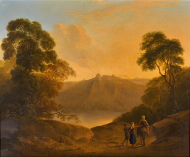 View full screen - View 1 of Lot 141. Italianate landscape with a distant view of a town above a lake and travelers in the foreground.