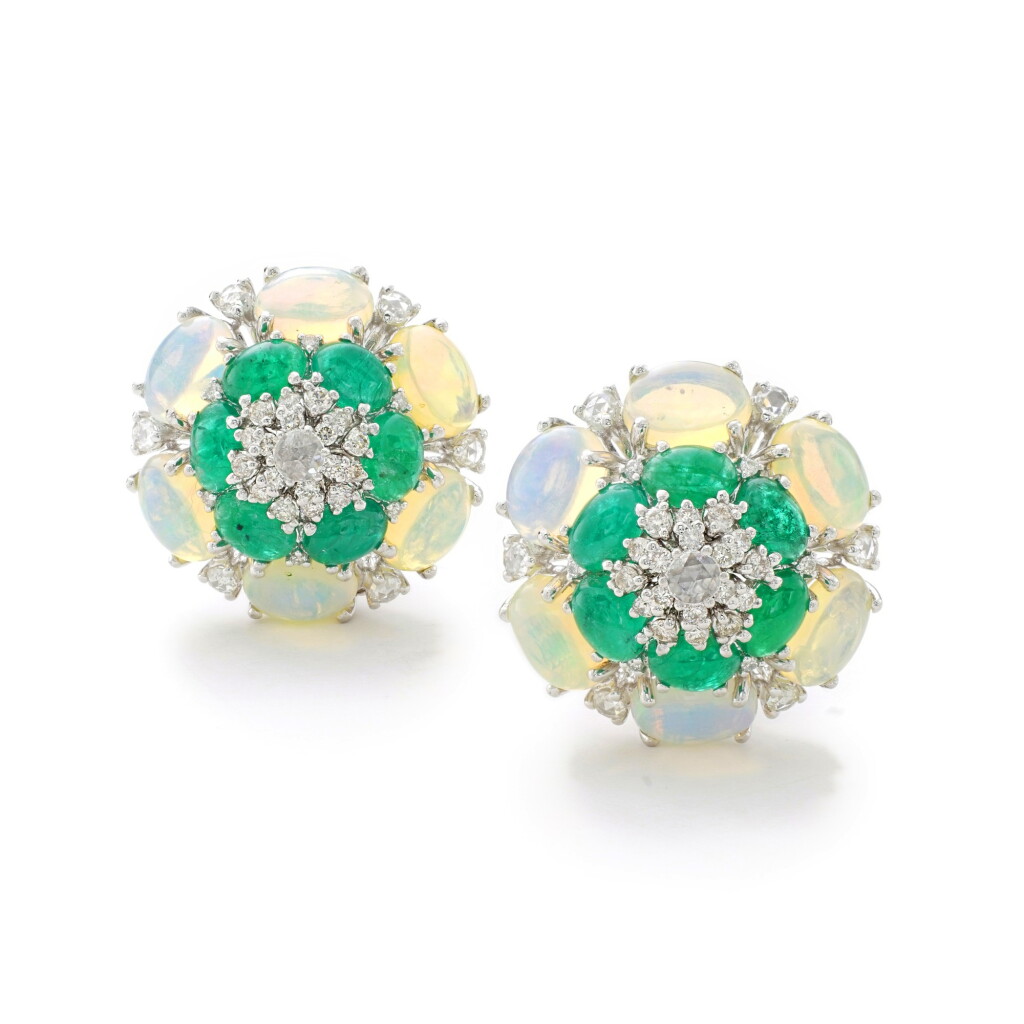 View full screen - View 1 of Lot 14. MICHELE DELLA VALLE | PAIR OF EMERALD, OPAL AND DIAMOND EAR CLIPS.