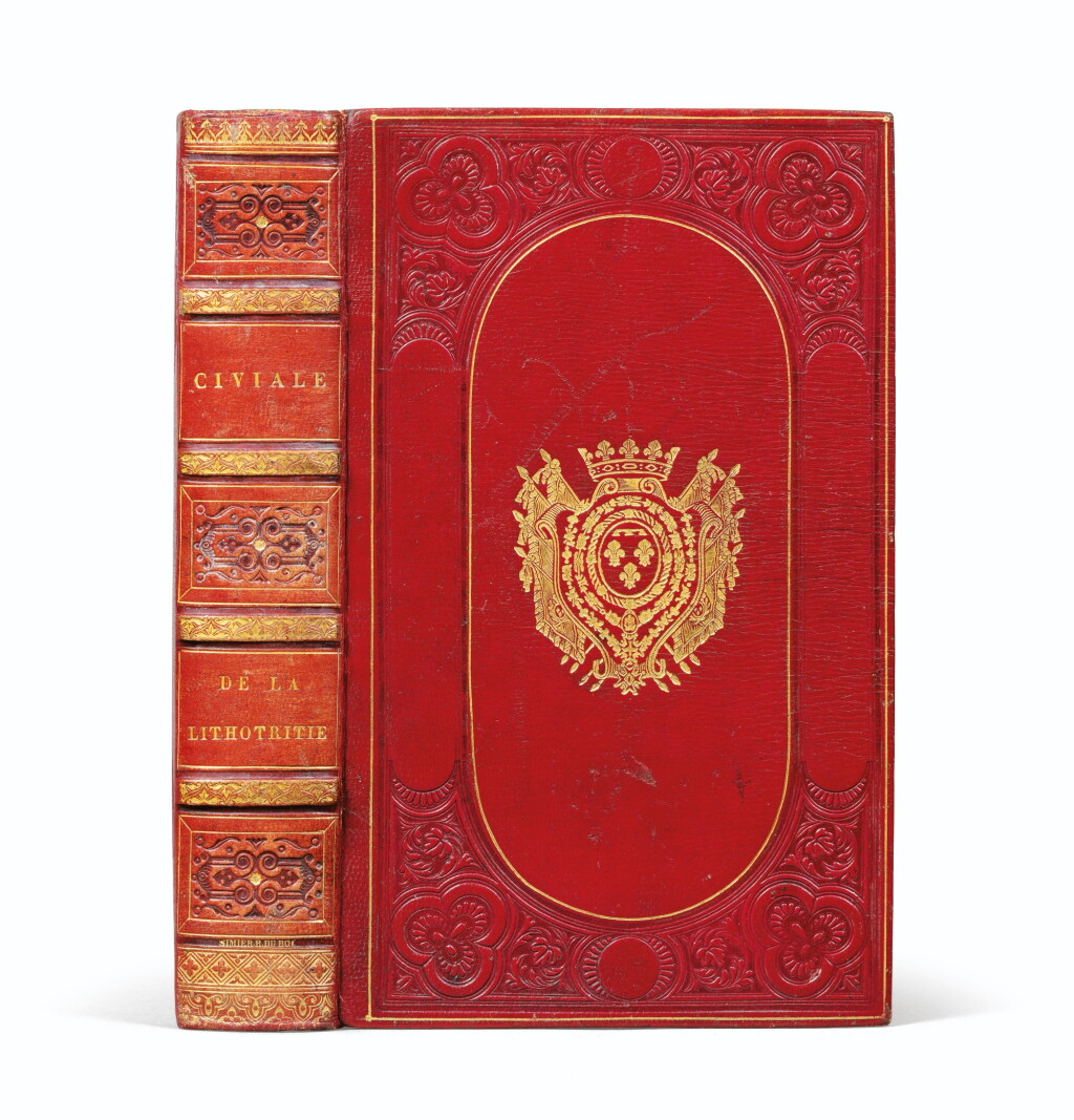 View full screen - View 1 of Lot 82. De la lithotritie. Paris, 1827. In-8. Exemplaire relié par Simier aux armes de Louis-Philippe, duc d'Orléans..