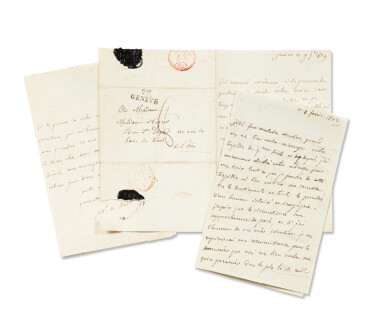 View full screen - View 1 of Lot 50. Trois lettres autographes signées, évoquant notamment son portrait par Vigée-Lebrun. Joint : une lettre de Benjamin Constant..