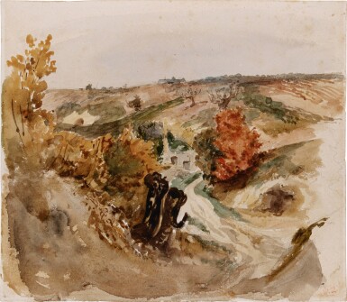 View full screen - View 1 of Lot 239. Vineyards by a track and a farmhouse on a hill.