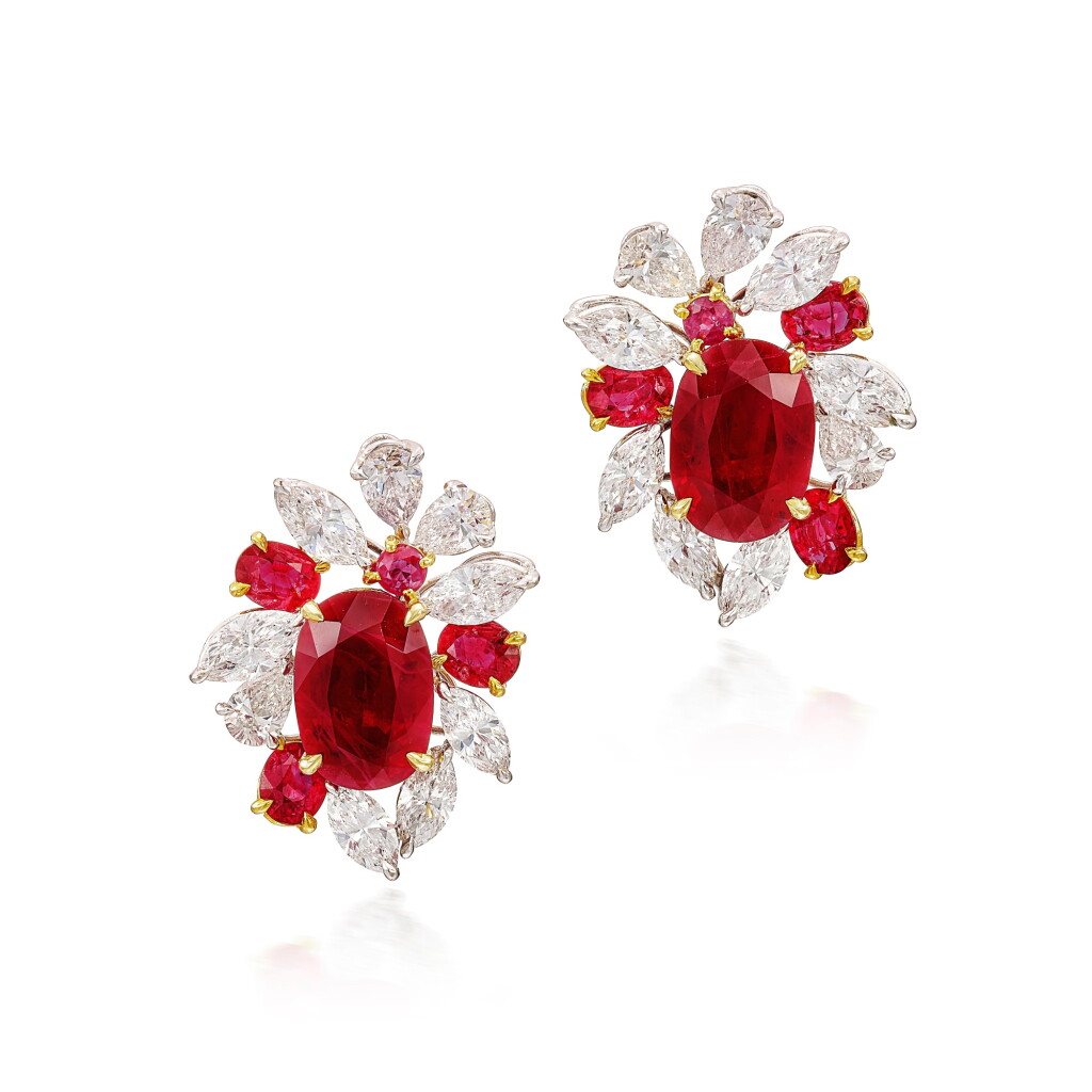 View full screen - View 1 of Lot 2731. Pair of Ruby and Diamond Earrings | 5.19 及 5.12克拉 「緬甸」紅寶石 配 鑽石 耳環一對.