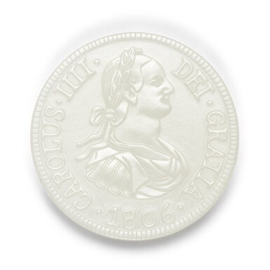 View full screen - View 1 of Lot 411. A white jade carving of a Spanish coin, Qing dynasty 清 白玉雕卡洛斯四世幣.