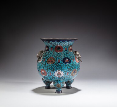 View full screen - View 1 of Lot 207. A cloisonné enamel tripod incense burner, Qing dynasty, 18th / 19th century | 清十八 / 十九世紀 銅胎掐絲纏枝蓮紋三足爐.