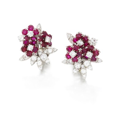 View full screen - View 1 of Lot 109. Van Cleef & Arpels, ruby and diamond ear clips (Van Cleef & Arpels,Orecchini in rubini e diamanti).
