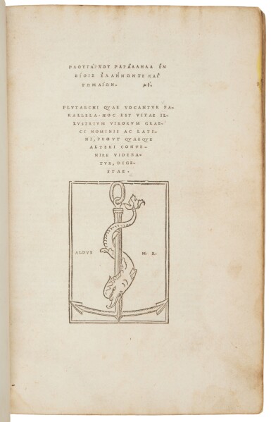 View full screen - View 1 of Lot 1329. Plutarchus, Parallela, Venice, Heirs of Aldo Manuzio & Andrea Torresano, August 1519, Venetian dark brown goatskin, alla greca, ca. 1520.
