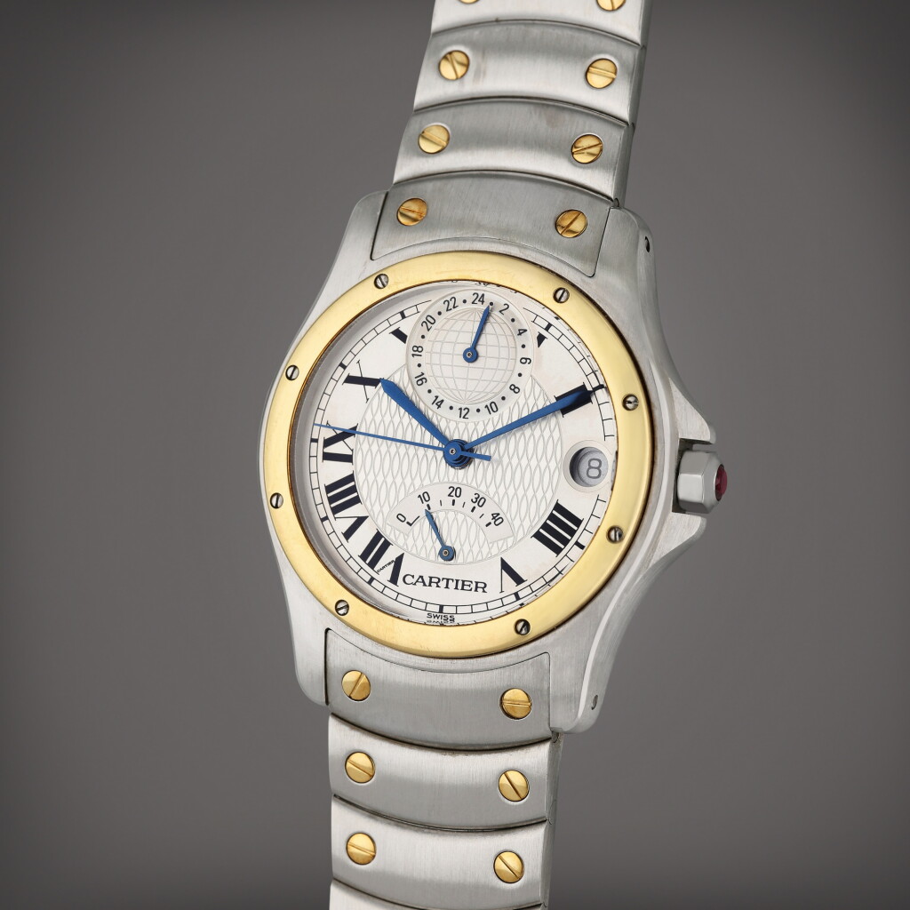View full screen - View 1 of Lot 100. Reference W20038R3 Santos Ronde Aviator 150 Years | A limited edition yellow gold and stainless steel automatic wristwatch with date, bracelet, 24 hour and power reserve indication, Circa 1997.