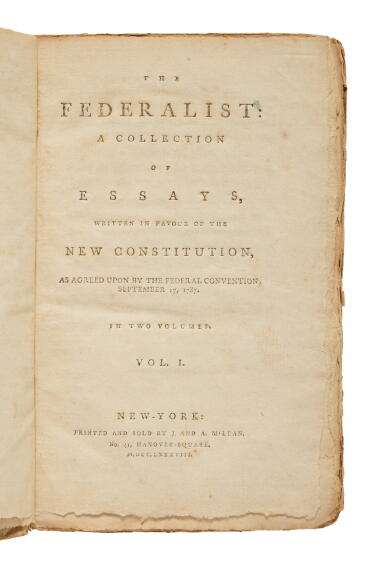 View full screen - View 1 of Lot 1008. (Hamilton, Alexander, James Madison, and John Jay) | A first edition Federalist, uncut and unsophisticated, in original boards.