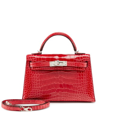 View full screen - View 1 of Lot 94. Rouge Casaque Shiny Alligator Mini Kelly II 20 Palladium Hardware, 2018.