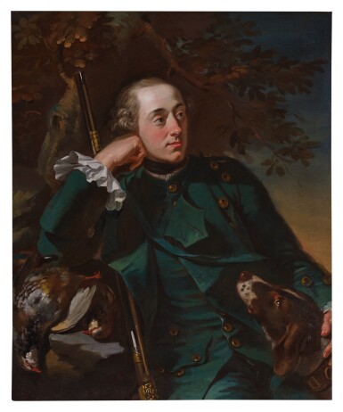 View full screen - View 1 of Lot 523. Portrait of a Gentleman, Formerly Identified as Richard Cumberland, with a Spaniel, Game Birds and a Gun.
