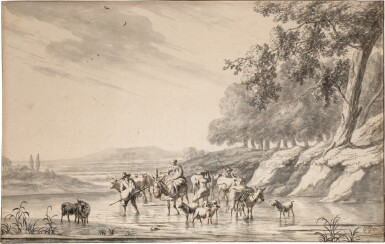 View full screen - View 1 of Lot 156. Extensive landscape with herders and their animals fording a stream, trees on the bank behind.