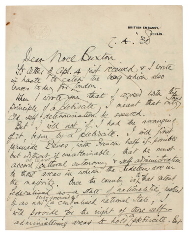 View full screen - View 1 of Lot 71. Sir Nevile Henderson | Four letters as British Ambassador to Germany, on his hopes of avoiding war, 1938.