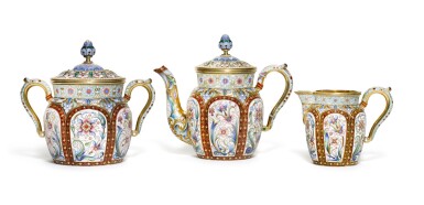 View full screen - View 1 of Lot 111. A SILVER-GILT AND CLOISONNÉ ENAMEL THREE-PIECE TEA SET, PAVEL OVCHINNIKOV, MOSCOW, 1899-1908.