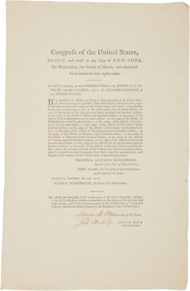 View full screen - View 1 of Lot 212. Supreme Court | A printed Act of Congress accomplished in the first session of the first U.S. Congress .
