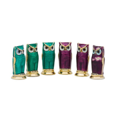 View full screen - View 1 of Lot 19. Six Noregian silver-gilt and enamel owl salt and pepper shakers, David Andersen, circa 1950.