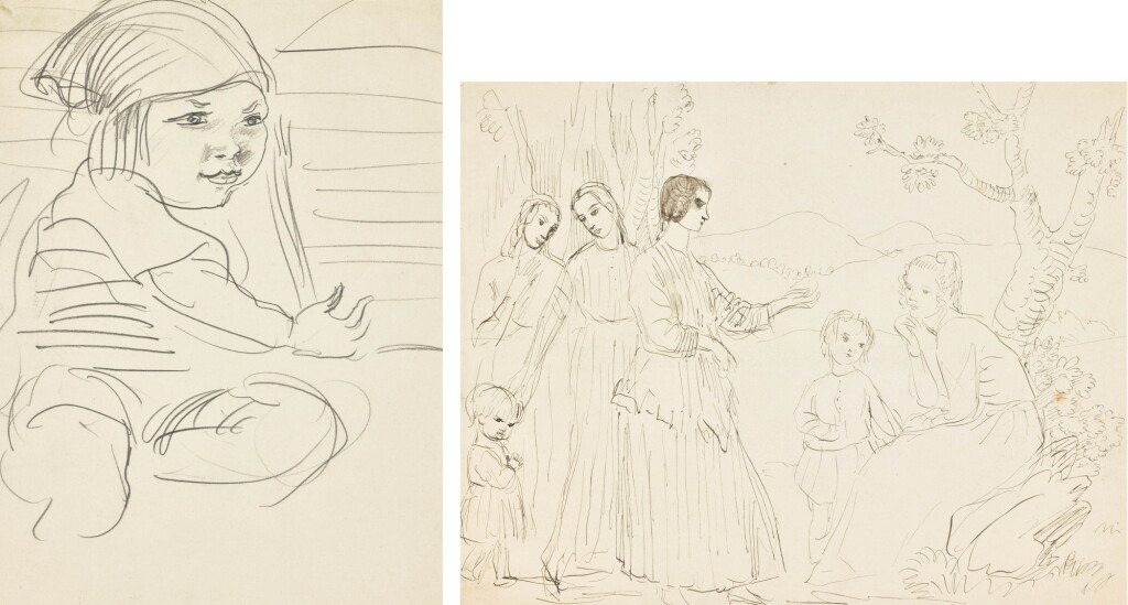 View full screen - View 1 of Lot 83. AUGUSTUS JOHN, R.A. | WOMAN AND CHILDREN AMONG TREES; YOUNG CHILD IN A HEADSCARF.