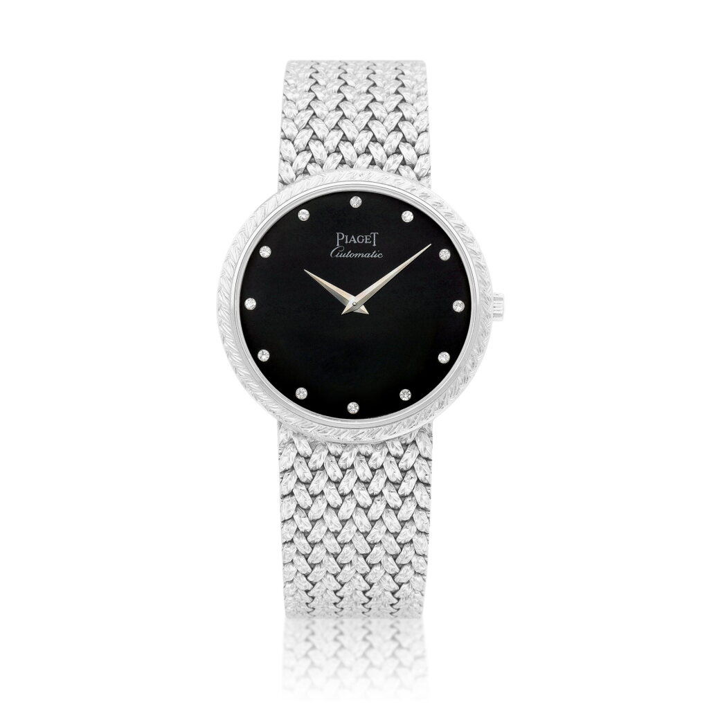 View full screen - View 1 of Lot 8796. Reference 12343 D 2 | A white gold and diamond-set bracelet watch with onyx dial, Circa 1970 | 伯爵 | 型號12343 D 2 | 白金鑲鑽石鏈帶腕錶,備瑪瑙錶盤,約1970年製.