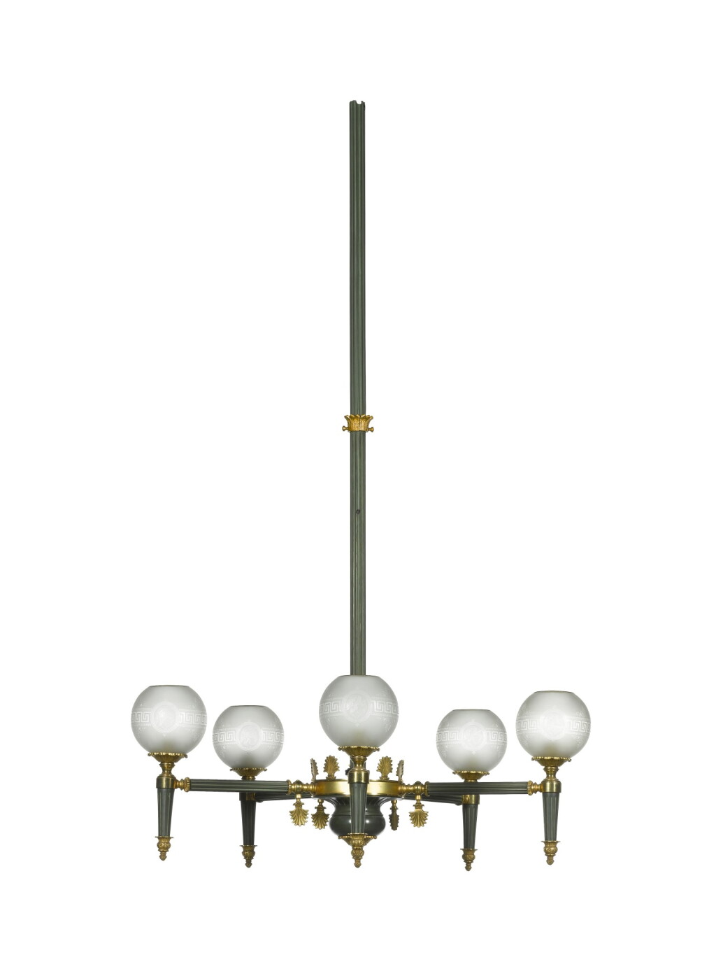 View full screen - View 1 of Lot 163. A Directoire style painted brass and gilt bronze five-light gasolier, early 20th century.