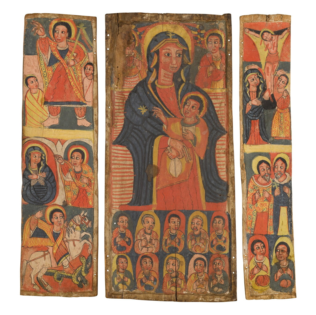 View full screen - View 1 of Lot 89. Ethiopian School, Triptych with the Virgin, Christ Child and Saints and other Religious subjects.