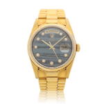 Reference 18238 Day-Date, A yellow gold and diamond-set automatic wristwatch with day, date, bracelet and ferrite hardstone dial, Circa 1991