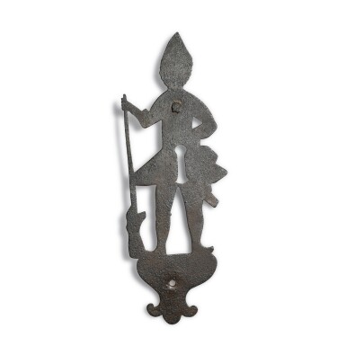 View full screen - View 1 of Lot 375. Extremely Rare Wrought Iron 'Hessian Soldier' Keyhole Escutcheon, Southeastern Pennsylvania, Circa 1770-1780.