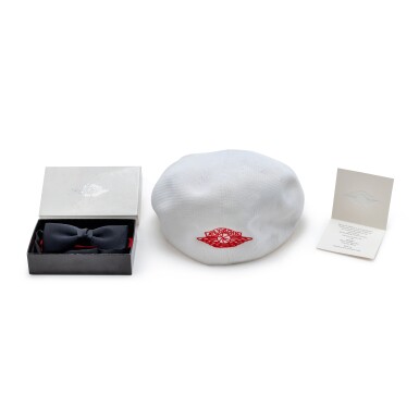 View full screen - View 1 of Lot 3. Mid-1980s Air Jordan Cap, Bow Tie, and Invitation from Air Jordan Line Launch Party .
