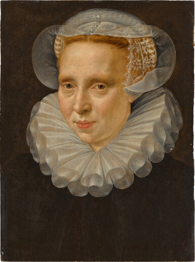 View full screen - View 1 of Lot 7. Portrait of a lady, bust length, wearing a white ruff and a white embroidered cap.