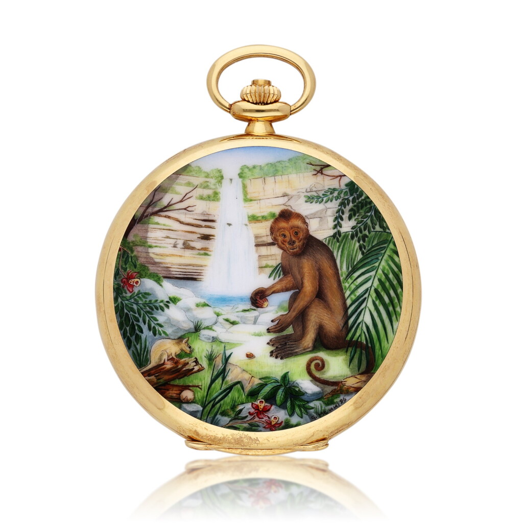 View full screen - View 1 of Lot 147. Reference 984/2 Sajou et Sarigue Souris | A unique yellow gold hunting cased watch with polychrome enamel painted scene depicting a capuchin monkey and opossum by G. Menni, Made in 1996 | 百達翡麗 984/2 型號 Sajou et Sarigue Souris | 獨一無二黃金懷,飾 G. Menni 彩繪捲尾猴及袋貂琺瑯畫,1996年製.
