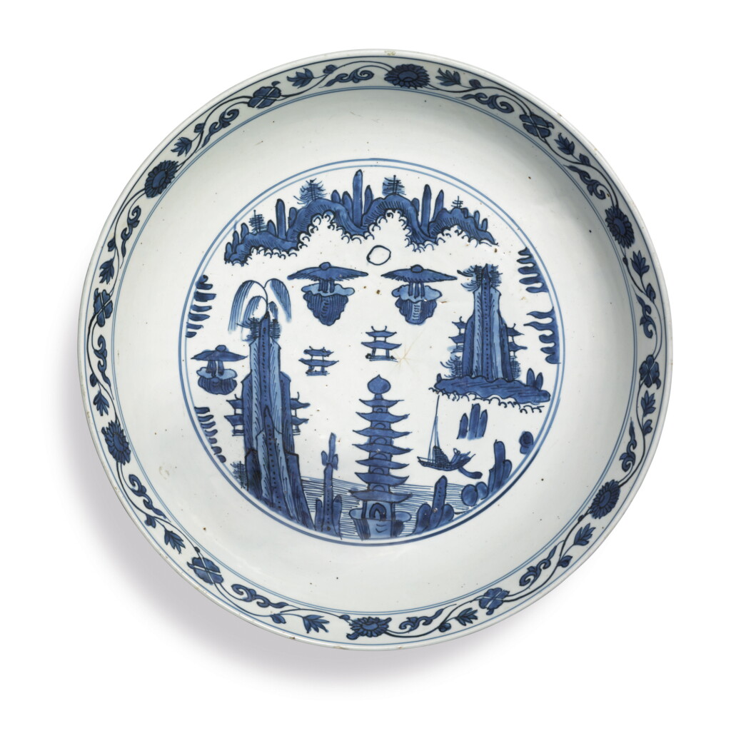 View full screen - View 1 of Lot 823. A LARGE BLUE AND WHITE 'LANDSCAPE' CHARGER, LATE MING DYNASTY.