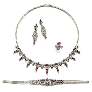 View full screen - View 1 of Lot 211. A ruby and diamond parure and a ring.