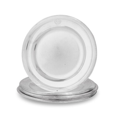 View full screen - View 1 of Lot 429. A set of six silver large plates, Marc-Augustin Lebrun, Paris, 1819-1838 | Ensemble de six grandes assiettes en argent par Marc-Augustin Lebrun, Paris, 1819-1838.