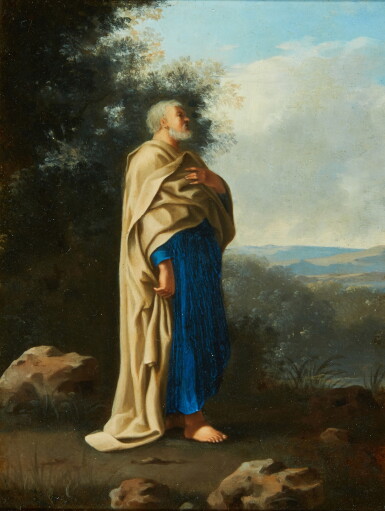 View full screen - View 1 of Lot 78. CORNELIS VAN POELENBURCH | Recto: Saint Peter standing in an italianate landscape; Verso: a rocky cave landscape.