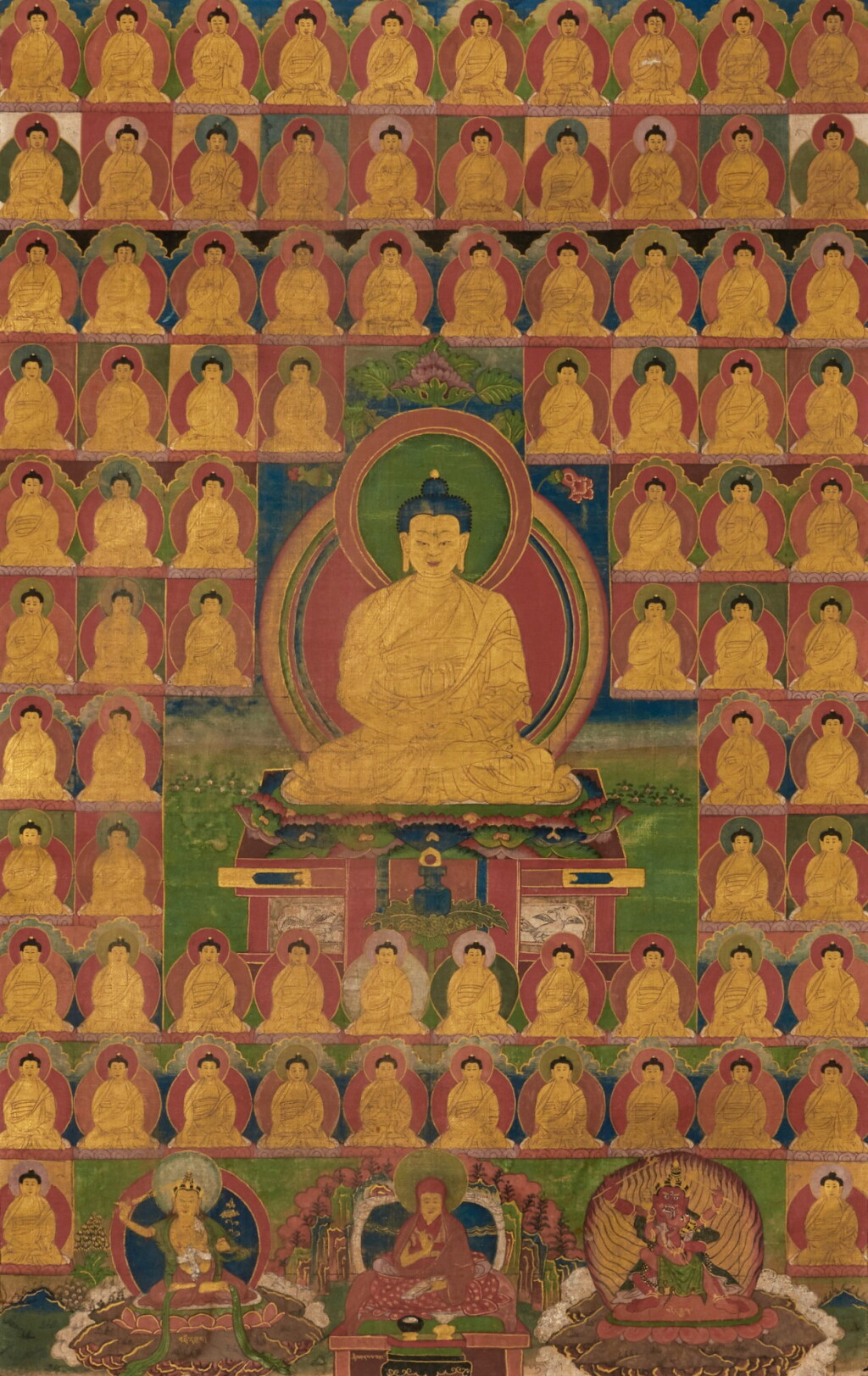 View full screen - View 1 of Lot 96. A thangka depicting 'Amitabha Buddha', Distemper on cloth, Tibet, 17th/18th century | 十七/十八世紀 藏傳阿彌陀佛極樂淨土唐卡.