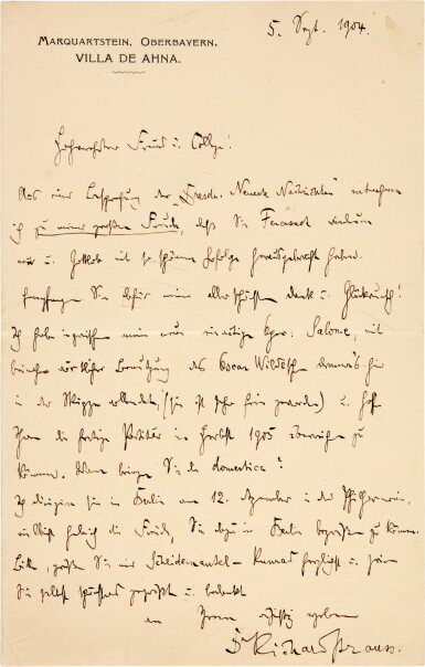 View full screen - View 1 of Lot 55. R. Strauss. Autograph letter signed, to Ernst von Schuch, about the opera "Salome", 1904.