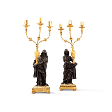 View full screen - View 1 of Lot 125. A pair of giltwood three-light candelabra, North Europe, late 18th century | Paire de candélabres à trois lumières en bois doré, travail d'Europe du nord, fin XVIIIe siècle.