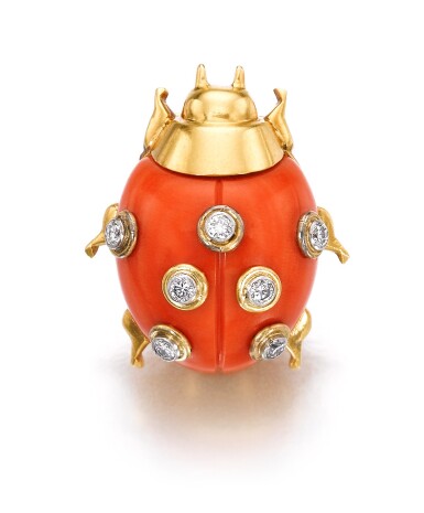 View full screen - View 1 of Lot 624. Cartier | Coral and diamond clip, 'COCCINELLE' | 卡地亞 | 珊瑚配鑽石「COCCINELLE」別針.