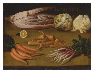 View full screen - View 1 of Lot 564. SPANISH SCHOOL, 17TH CENTURY | AN ALLEGORICAL STILL LIFE OF NOVEMBER, WITH CARROTS, PARSNIPS, FENNEL AND CABBAGE.