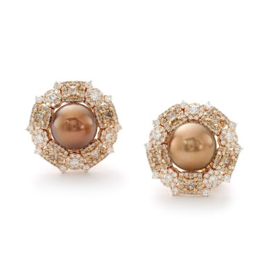 View full screen - View 1 of Lot 4. MICHELE DELLA VALLE | PAIR OF CULTURED PEARL AND DIAMOND EARRINGS.