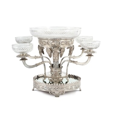 View full screen - View 1 of Lot 631. A Regency Silver and Cut-Glass Five-Basket Epergne, Benjamin Smith II, London, 1814.