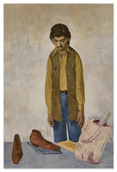 View full screen - View 1 of Lot 1207. Salman Toor 薩爾曼 · 圖爾 | Man with Tote Bag and Laptop 男子、手提袋與筆記電腦.