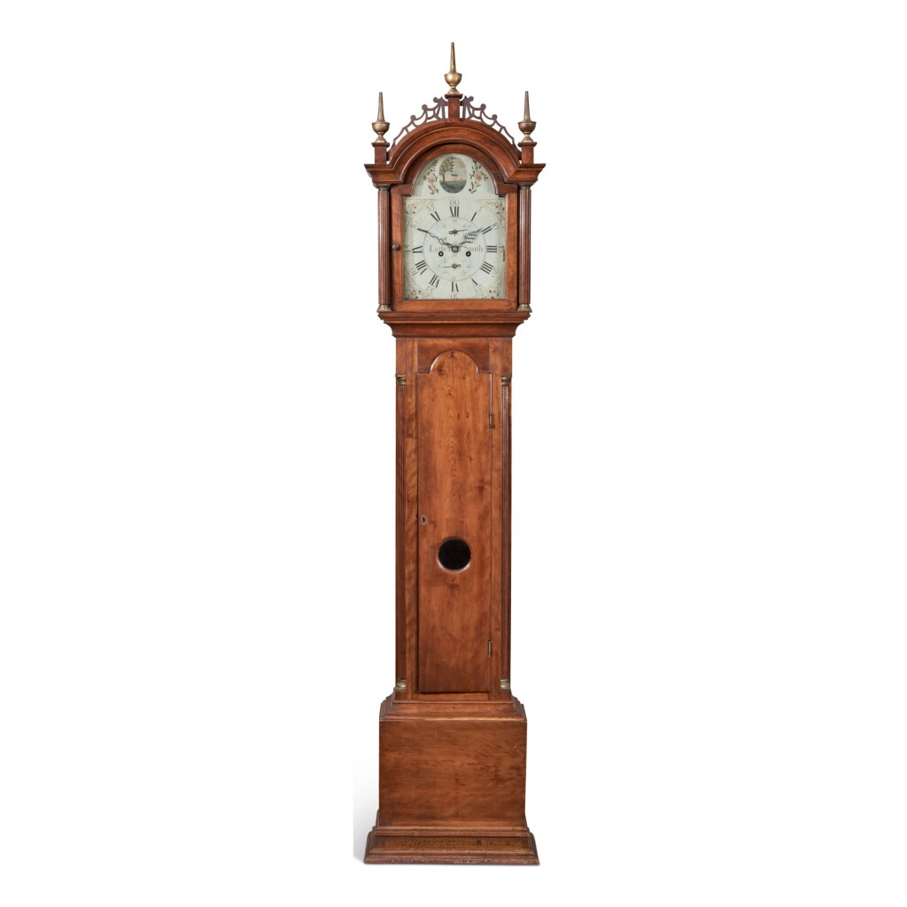 View full screen - View 1 of Lot 1699. FINE FEDERAL INLAID AND FIGURED MAHOGANY TALL CASE CLOCK, WORKS BY LUTHER SMITH, KEENE, NEW HAMPSHIRE, CIRCA 1800.