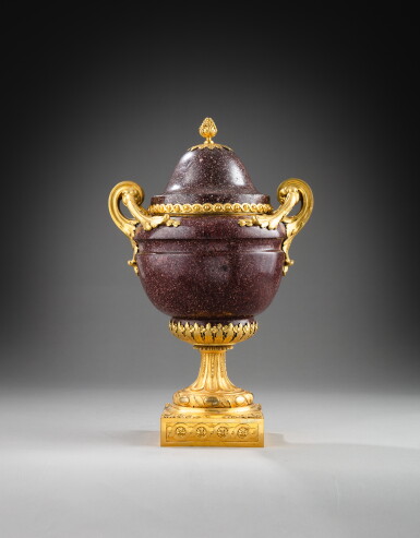 View full screen - View 1 of Lot 304. A late Louis XV gilt-bronze mounted porphyry covered vase, circa 1770 | Vase couvert en porphyre et monture de bronze doré de la fin de l'époque Louis XV, vers 1770.