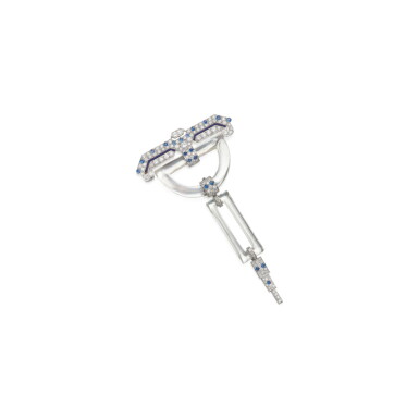 View full screen - View 1 of Lot 60. ROCK CRYSTAL, SAPPHIRE, DIAMOND AND ENAMEL BROOCH.