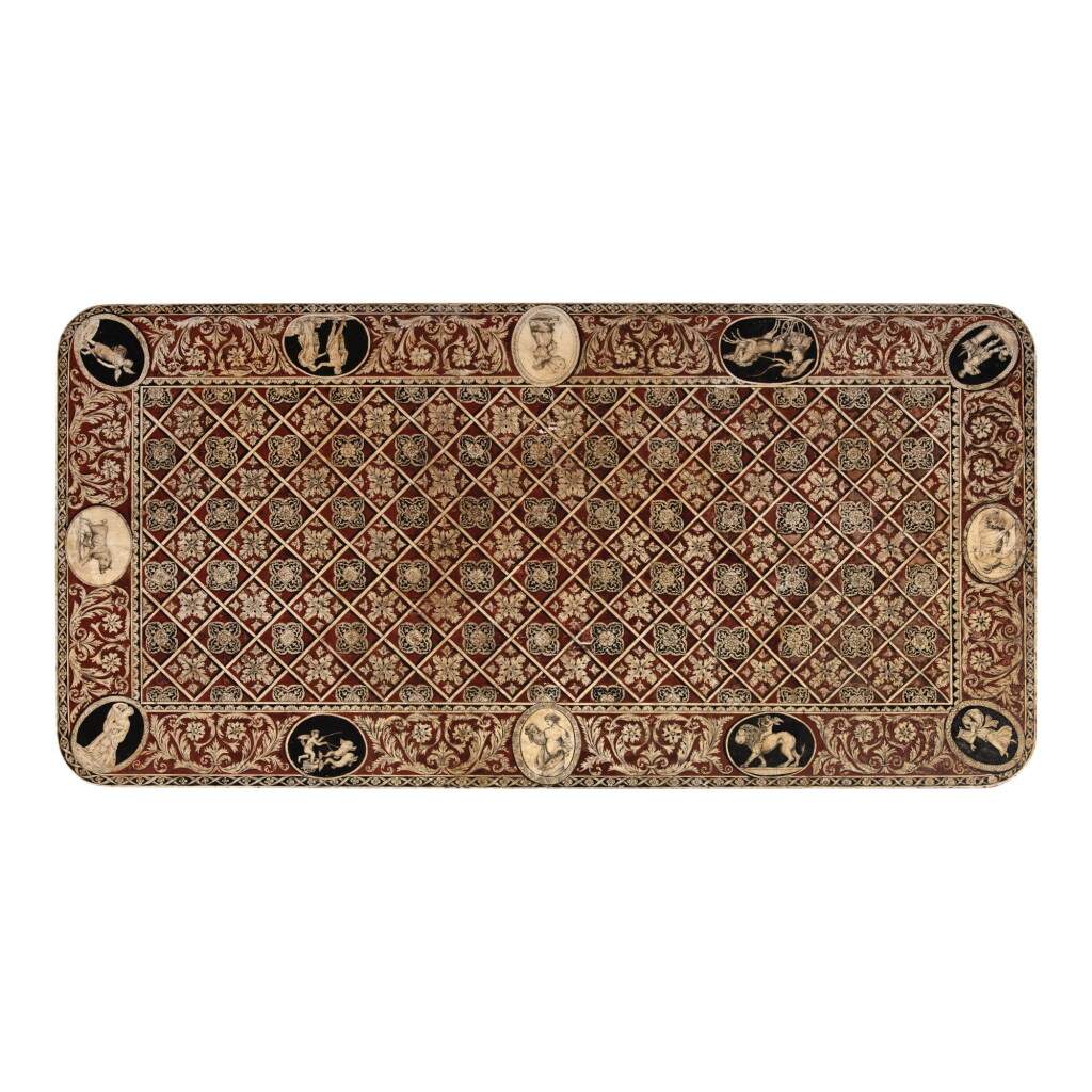 View full screen - View 1 of Lot 801. A REGENCY POLYCHROME PENWORK SOFA TABLE, THE TOP EARLY 19TH CENTURY, THE BASE LATER.