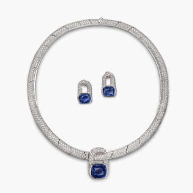 View full screen - View 1 of Lot 1726. Sapphire and Diamond Demi-Parure | 尚美 | 天然「斯里蘭卡」未經加熱 藍寶石 配 鑽石 項鏈 及 耳環 套裝.