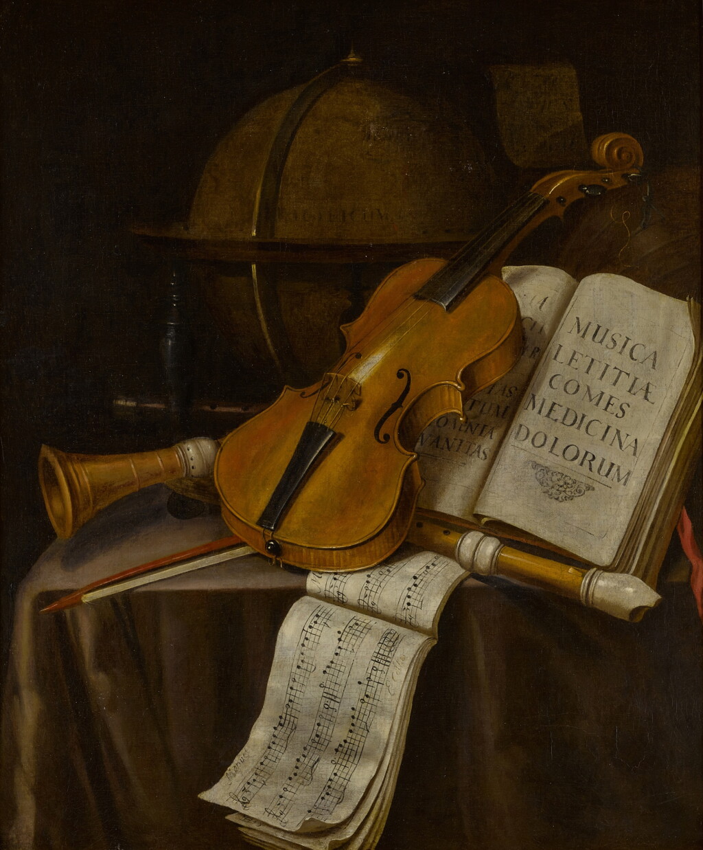 View full screen - View 1 of Lot 71. Still life with a Violin, Recorders, Music Manuscripts, and a Globe.