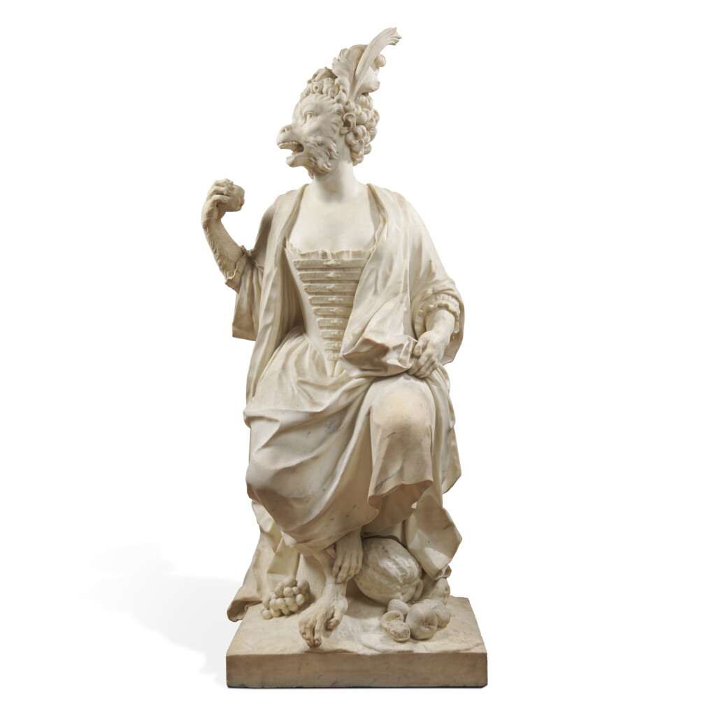 View full screen - View 1 of Lot 33. Important marble statue of a Monkey dressed as a Lady (or Frisotton), French, first quarter of the 18th century.