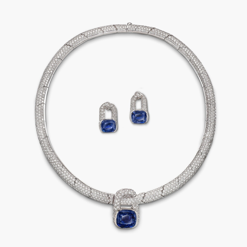View full screen - View 1 of Lot 1726. Sapphire and Diamond Demi-Parure | 尚美 | 天然 未經加熱 藍寶石 配 鑽石 項鏈 及 耳環 套裝.